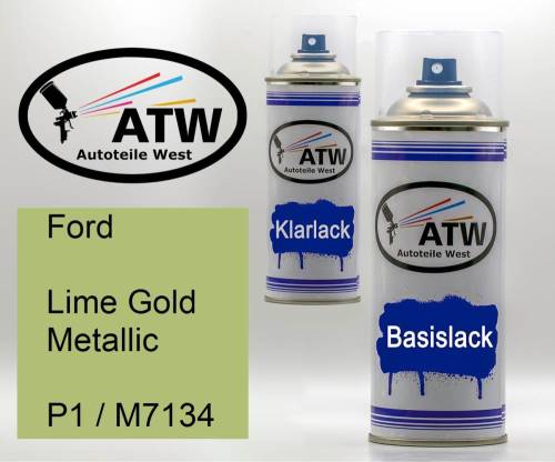 Ford, Lime Gold Metallic, P1 / M7134: 400ml Sprühdose + 400ml Klarlack - Set, von ATW Autoteile West.
